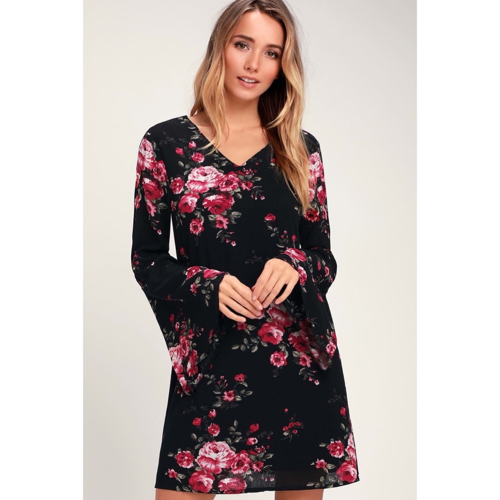 Lulus Ever Enchanting Black Pink Floral Print Long Sleeve Shift Dress size small